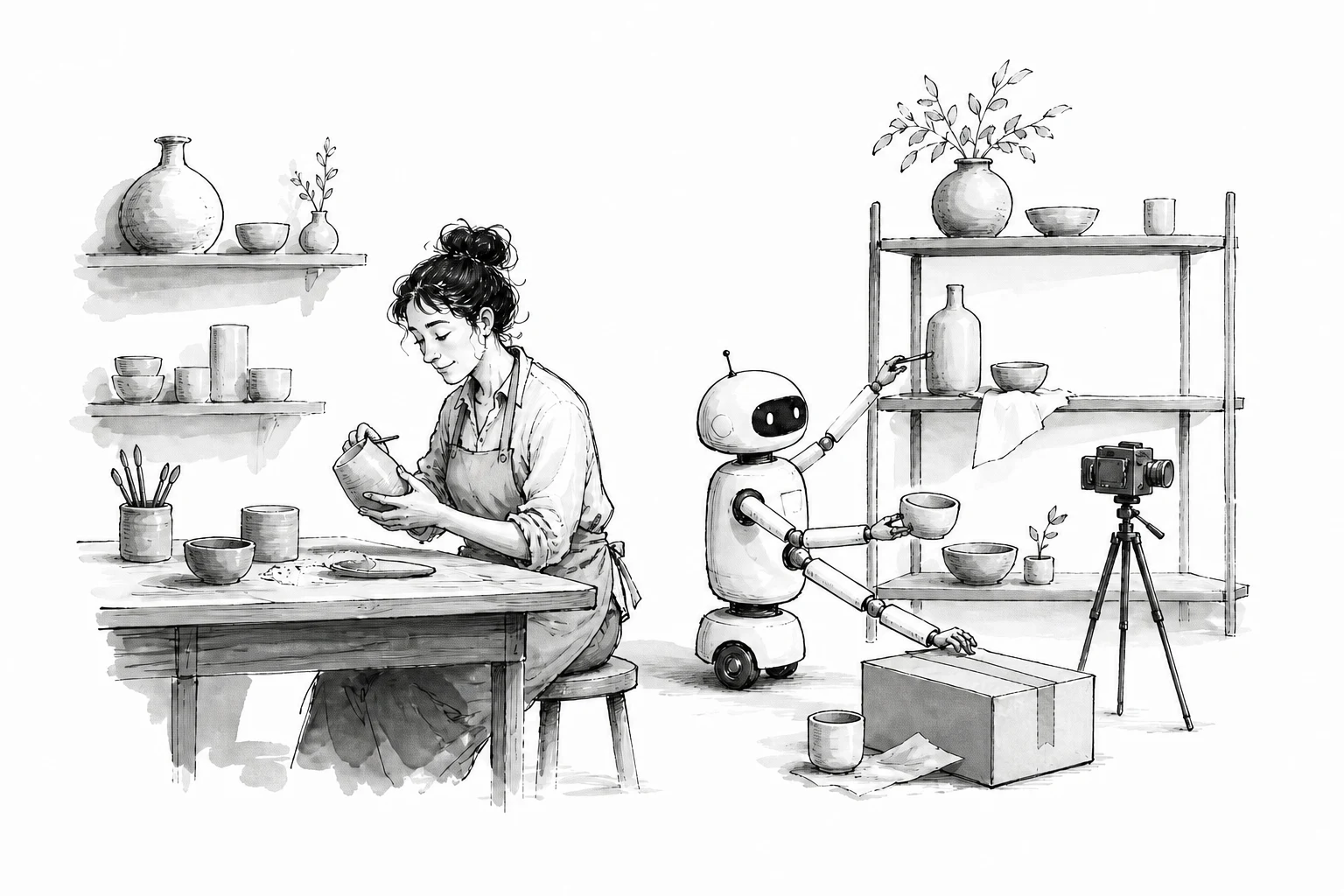 A maker shapes pottery while a small robot photographs, shelves, and packs the finished pieces.